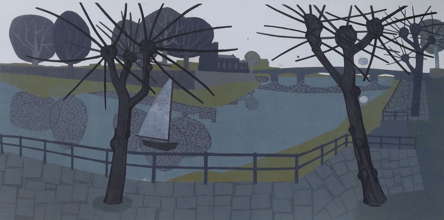 Evan Jennings, screenprint, 'Thames at Putney', signed in pencil and dated 1963, 9/10, 49 x 95cm